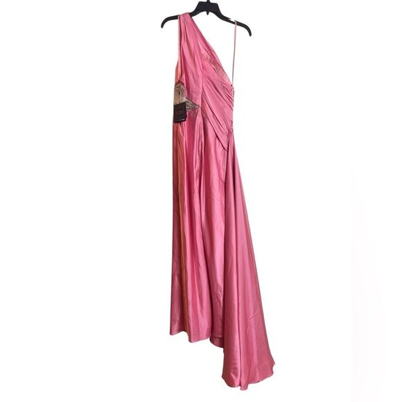 Mac Duggal Coral Pink One Shoulder Embellished Satin Gown Dress 2210 Size 4 NEW - Picture 7 of 9